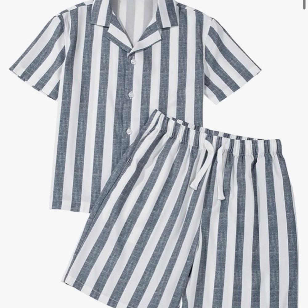 Boys Striped Short Sleeve Button Down Matching Shorts Set Size 8-9 years